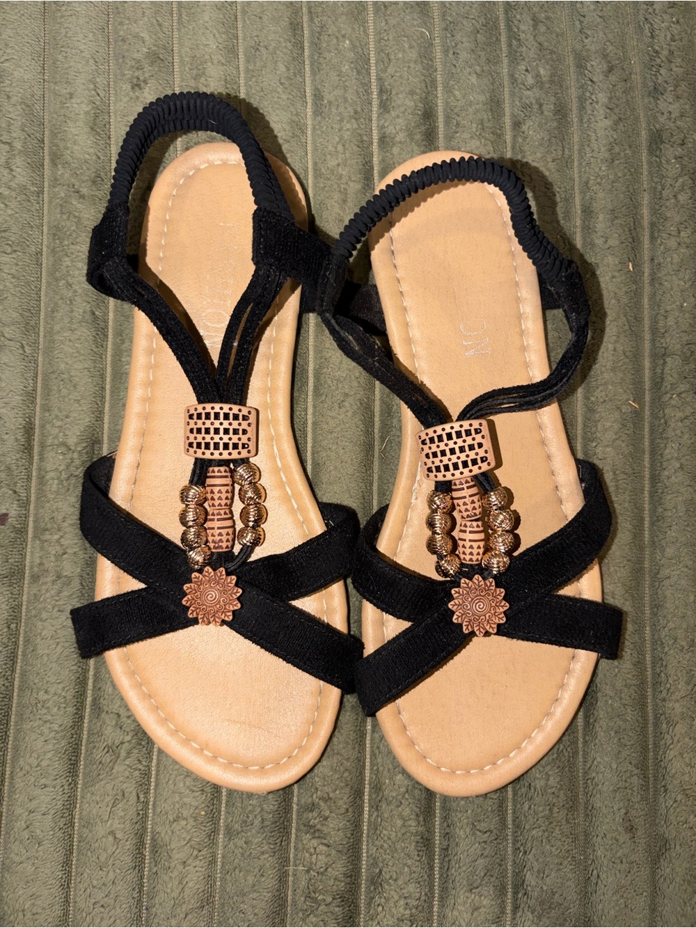 SHEIN Black Strappy Sandals with Bronze Floral Accents